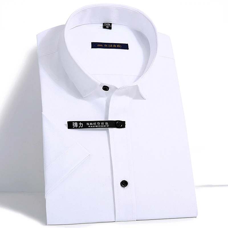 

Casual Short Sleeve Shirts for Men Work Stretch Anti-wrinkle Business Single Pocket Black Button Male Social Formal Shirts