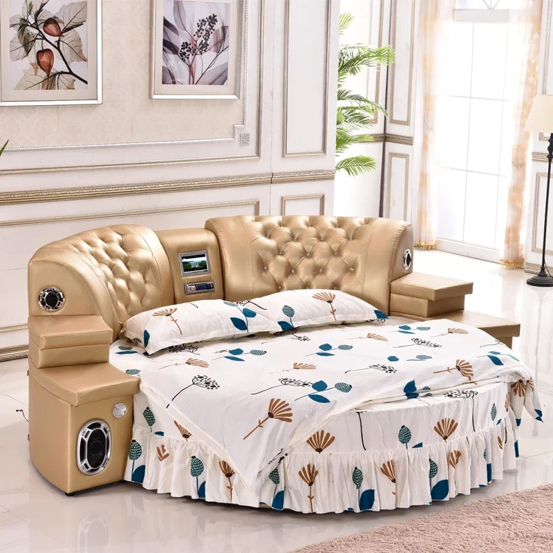 Leather Nordic Bed Teenage Girls Electronic Round Children Bed Modern Nightstands Somieres Y Marcos De Cama Home Furniture