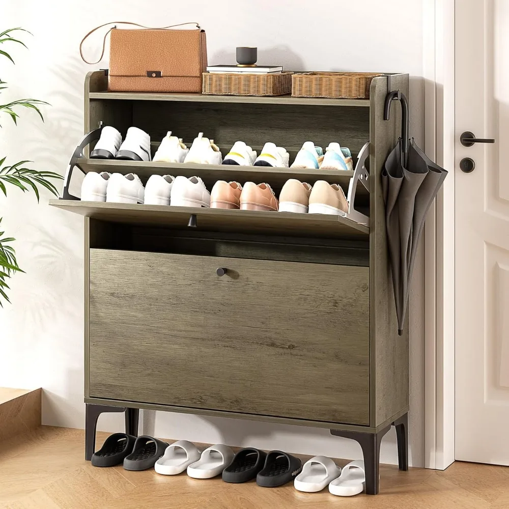 

Shoe Storage Cabinet with 2 Flip Drawers, Farmhouse Shoe Cabinet for Entryway, Hidden Slim Narrow Storage Rack Freestanding Org