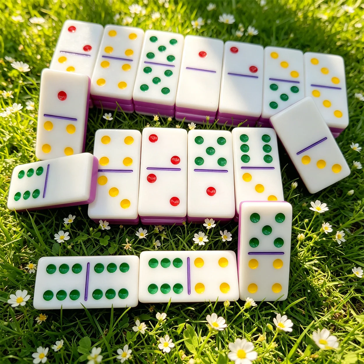 28-piece double-layer multi-color domino set, interactive game promotes the development of strategy and skills, the preferred prop for entertainment, games, and parties, dot1-2 (red), dot3-4 (yellow), dot5-6 (green) three-color combination