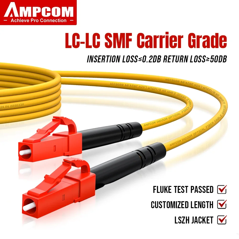كابل ألياف AMPCOM LC إلى LC كابل تصحيح الألياف الضوئية أحادي الوضع Simplex UPC 9/125μm، OS1/2 SMF 1/2/3/5/10/15 متر LSZH OFNR