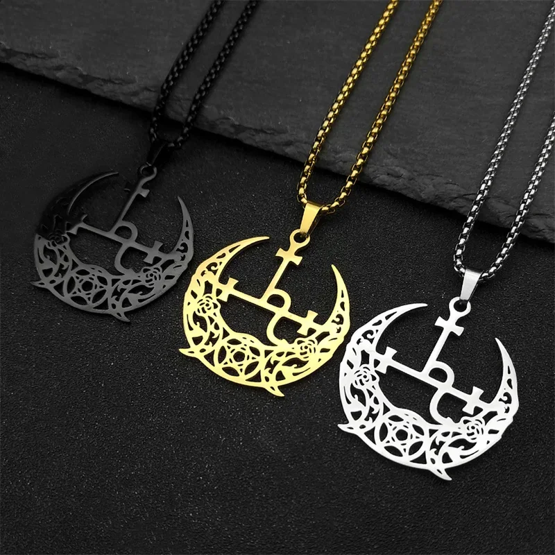 Wicca Triple Moon Crescent Pentagram Pedant Necklace For Women Men Stainless Steel Gold Color Satan Lilith Demon Seal Jewelry