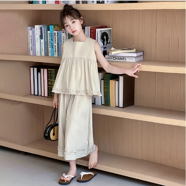 Girls Set 2025 Summer New Childrens Clothes Korean Style Baby Girl Sweet Sleeveless Lace Top Straight Leg Pants Two-piece