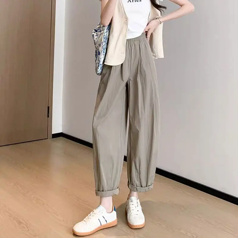 Radish Eight-quarter Quick-drying Protection Casual Women's Spring and Autumn Elastic Waist Ice Tow Leg Pants