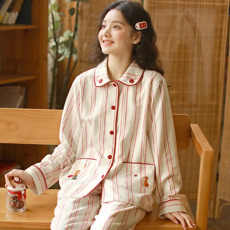 Vintage Striped Pajama Set with Peter Pan Collar Soft Brushed Cotton Winter Loungewear Little Prince Embroidered Korean Style