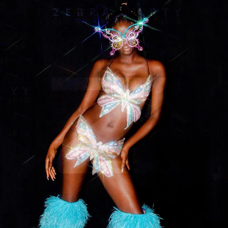 Full Diamond Butterfly Bikini Exaggerated Headgear Fur Boots Nightclub Dj Ds Wear Pole Dance Gogo Costume Festival Outfit