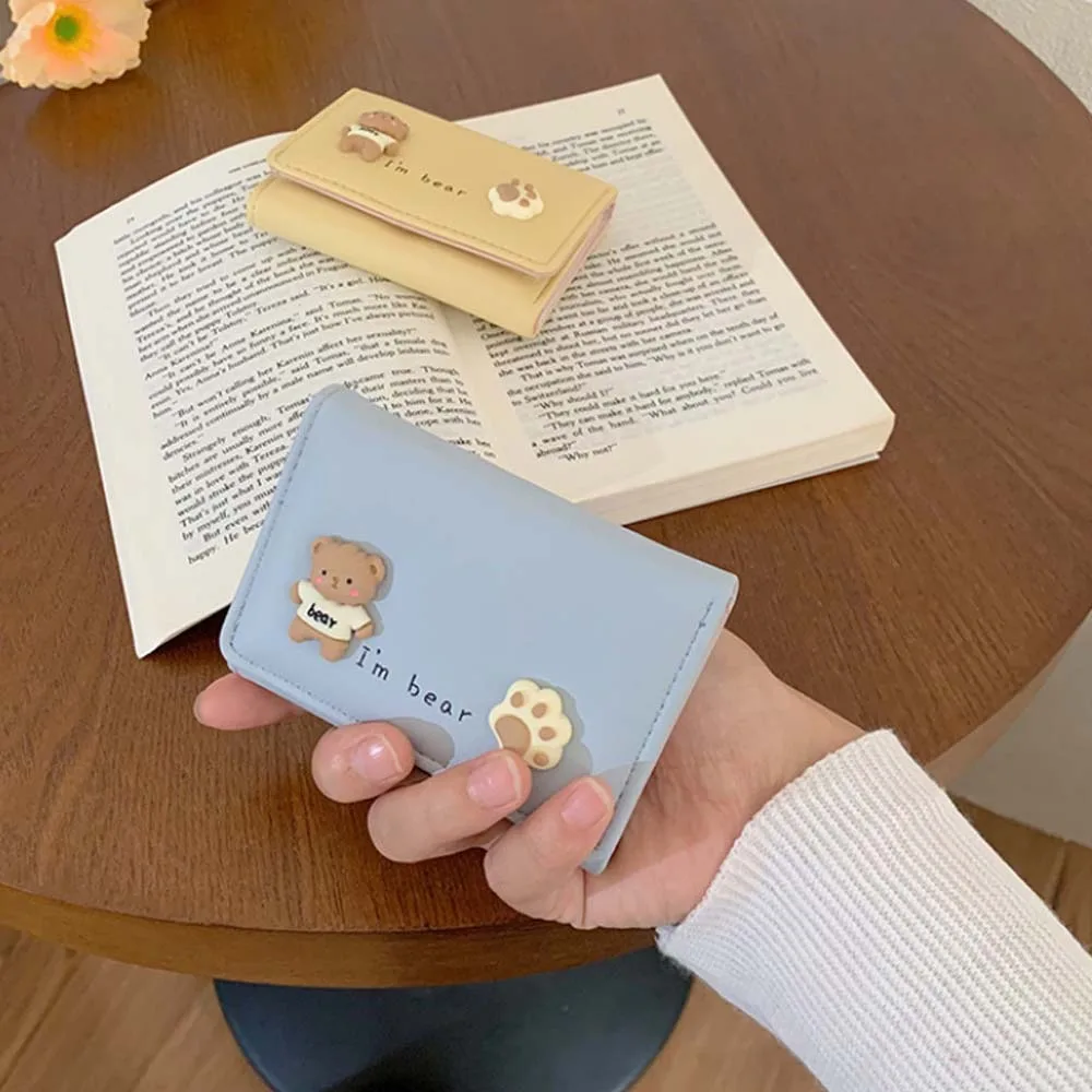 

Portable Letter Printed Cute Bear Wallet Sewn Solid Color PU Zero Wallet Large Capacity Korean Style Short Money Bag Work