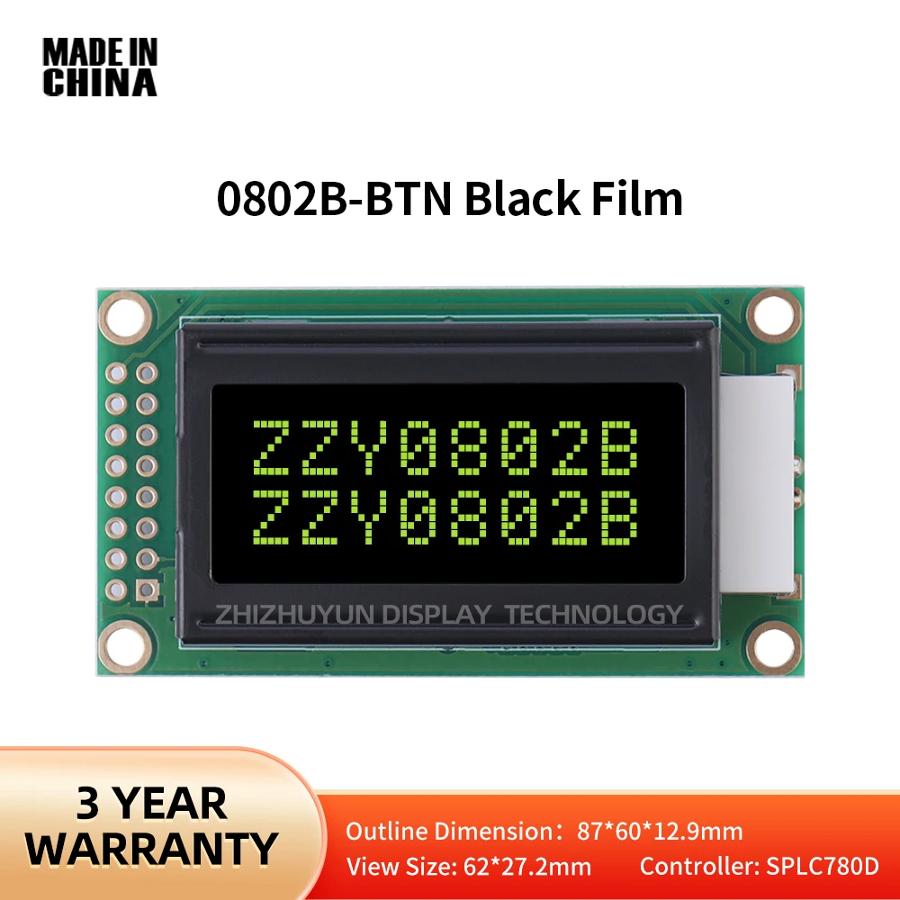 Filme Preto Amarelo Personagem Tela LCD, 8x2 Personagem, Vários Idiomas, Módulo De Interface 16PIN, 0802B BTN, Fabricante Fonte