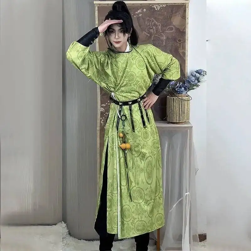 

Мужской и женский винтажный комплект ханьфу для этнических танцев, мужской древний китайский шелковый халат ханьфу, костюм династии Тан, длинный халат с круглым воротником