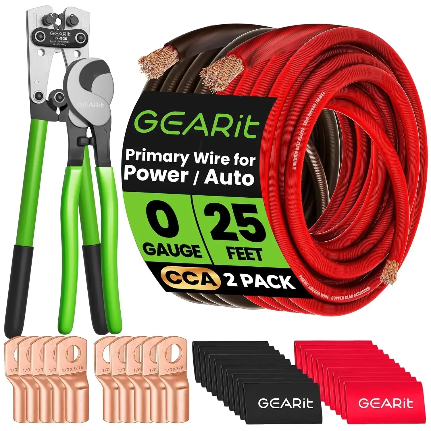 

25FT 0 Gauge CCA Ground Wire Kit with Crimping Tool, Cutter, Lugs, and Heat Shrink Wrap for Automotive and Electrical Use