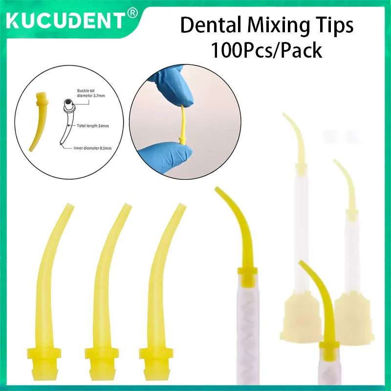 

100Pcs Dental Mixing Tips Intraoral Impression Silicone Rubber Gun Disposable Conveying Mixers Yellow Lab Nozzles Mixing Head