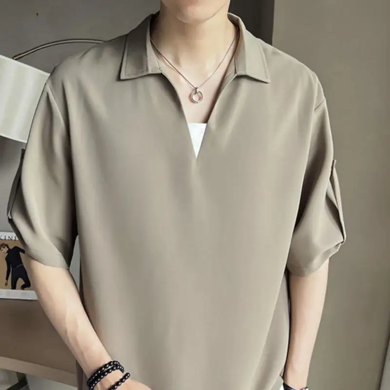 Summer men's ice silk drape fake two piece V-neck versatile trendy casual loose half sleeved color blocked plus size T-shirt set
