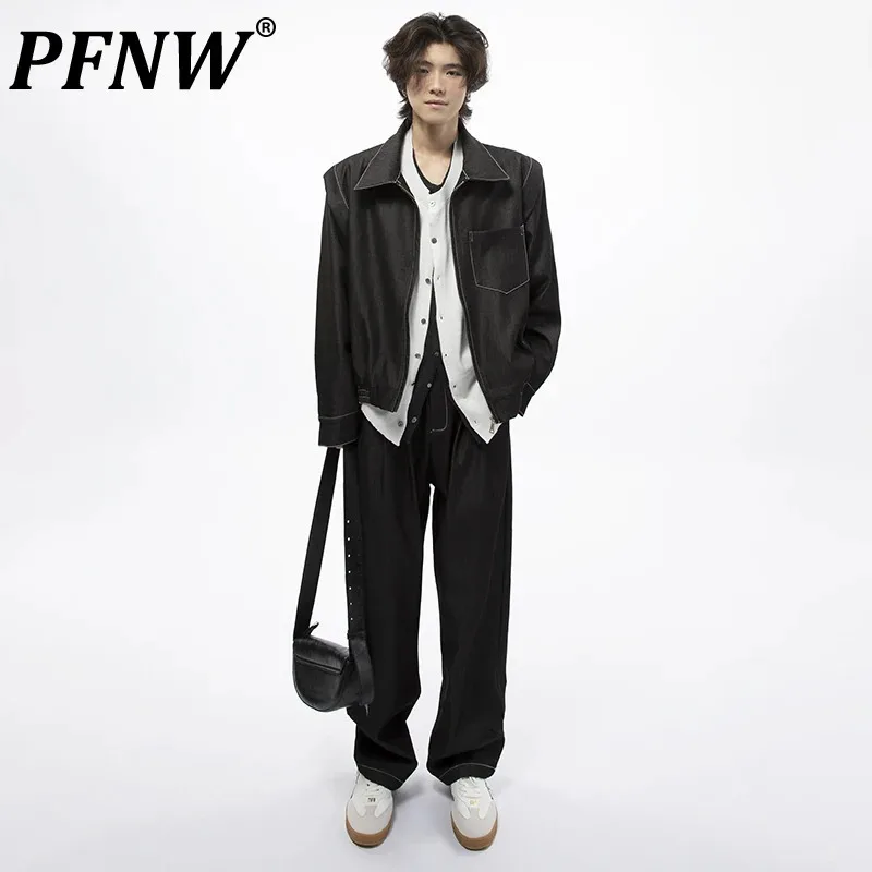 

PFNW Men's Two Piece Set Korean Casual Fashion Simple Lapel Zipper Tops Vintage Loose Straight Leg Trousers 2024 Autum 28W4603