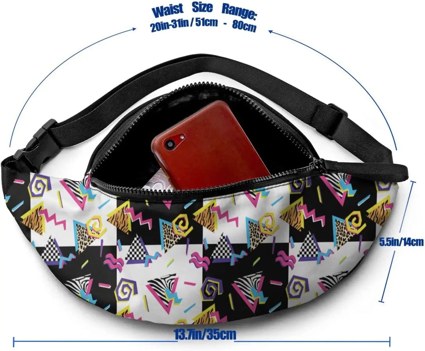 Retro Black and White Vintage 80s Casual Fanny Waist Pack Adjustable Belt Waist Bag for Traveling Hiking Cycling Running