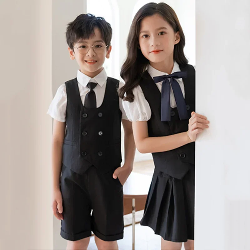 Boys Summer School Uniform Vest Shirt Shorts Girls Waistcoat Skirts Kids Kindergarten Dress Clothes Sets Child Students Outfits