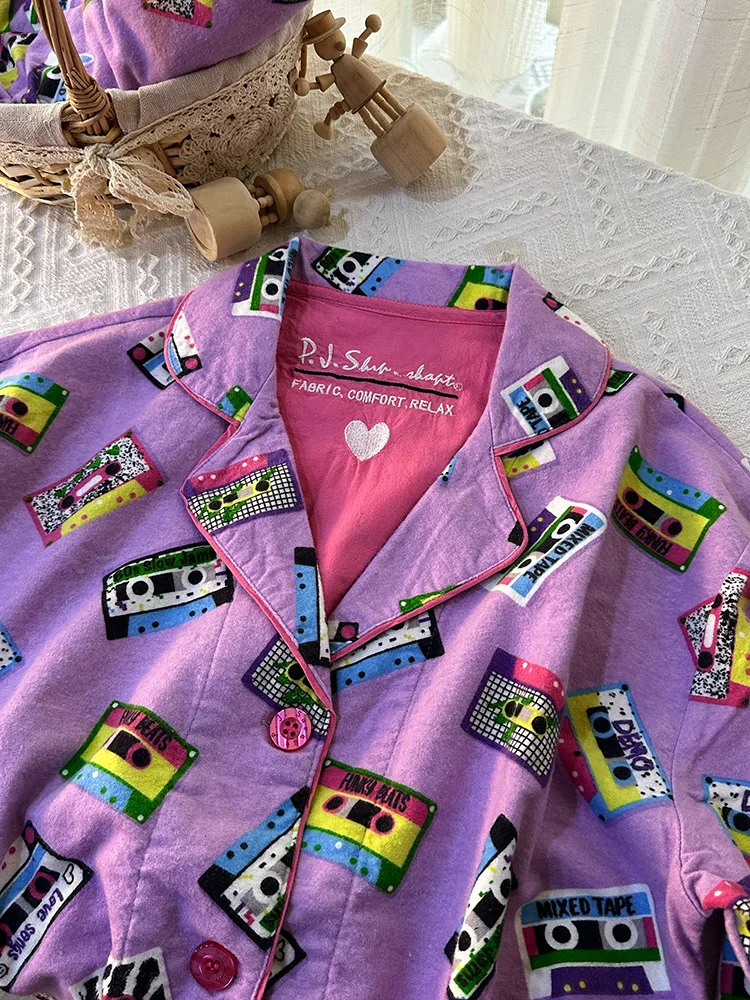 Damen Niedlicher Cartoon-Druck 100% Baumwolle Gebürstetes Pyjama-Set Frühling Herbst Langarm-Oberteil Lange Hose 2-teilig Loungewear Homewear – Detail 32