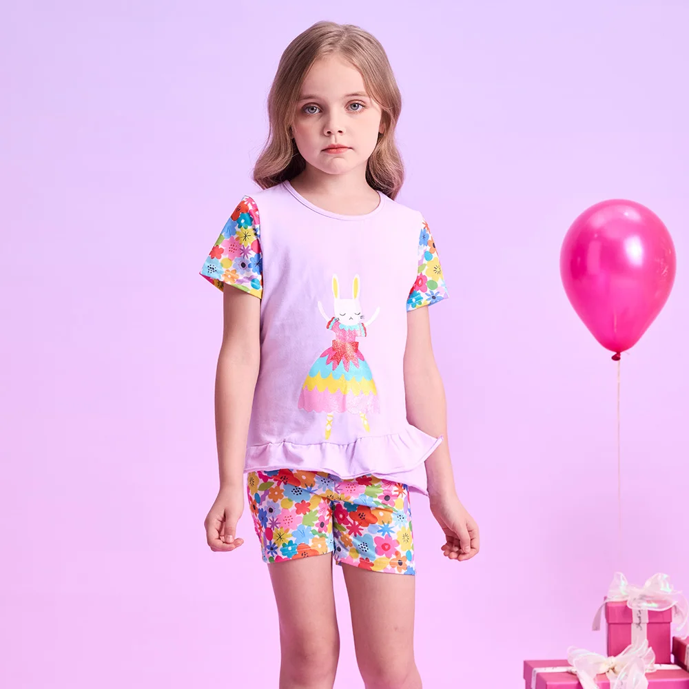 VIKITA Mädchen 2-teiliges Set Kinder Lila Kaninchen Kurzarm Baumwolle Casual T-Shirt Tops T-Shirts und Blumenhosen 2-teiliges Kleidungsset – Detail 3