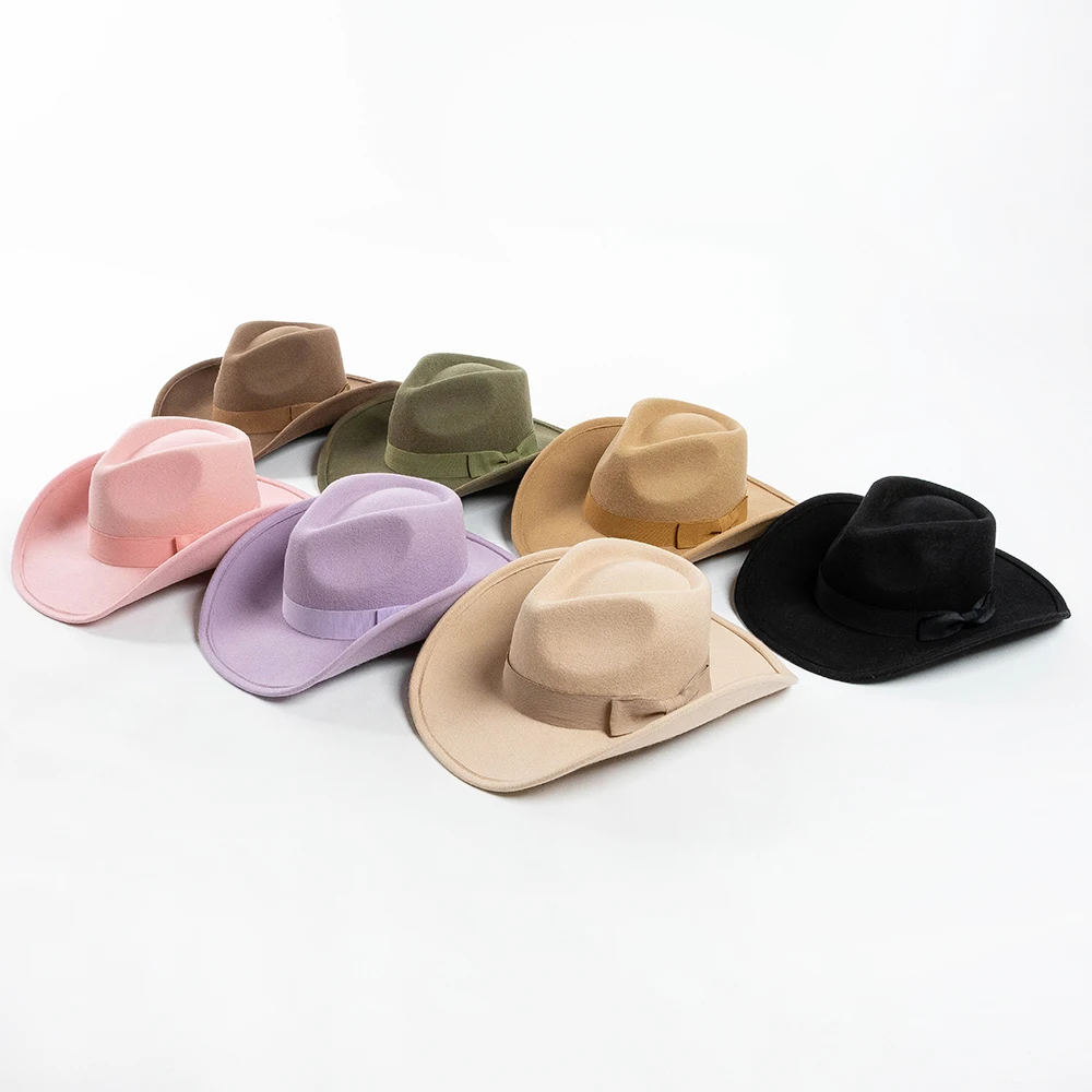 

Europe and the United States new wool material top hat cowboy style large eaves warped wool felt hat bow warm top hat tide