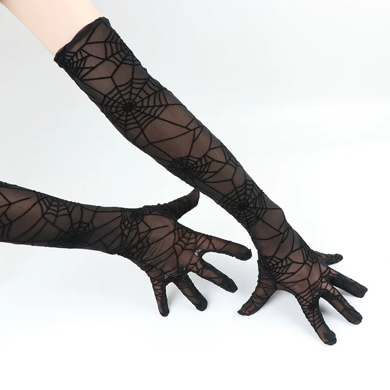 Gloves 55cm Halloween Cosplay Quirky Separate Finger Sheer Long Lace Spider Web Mesh Party Performance Costume Accessory Women