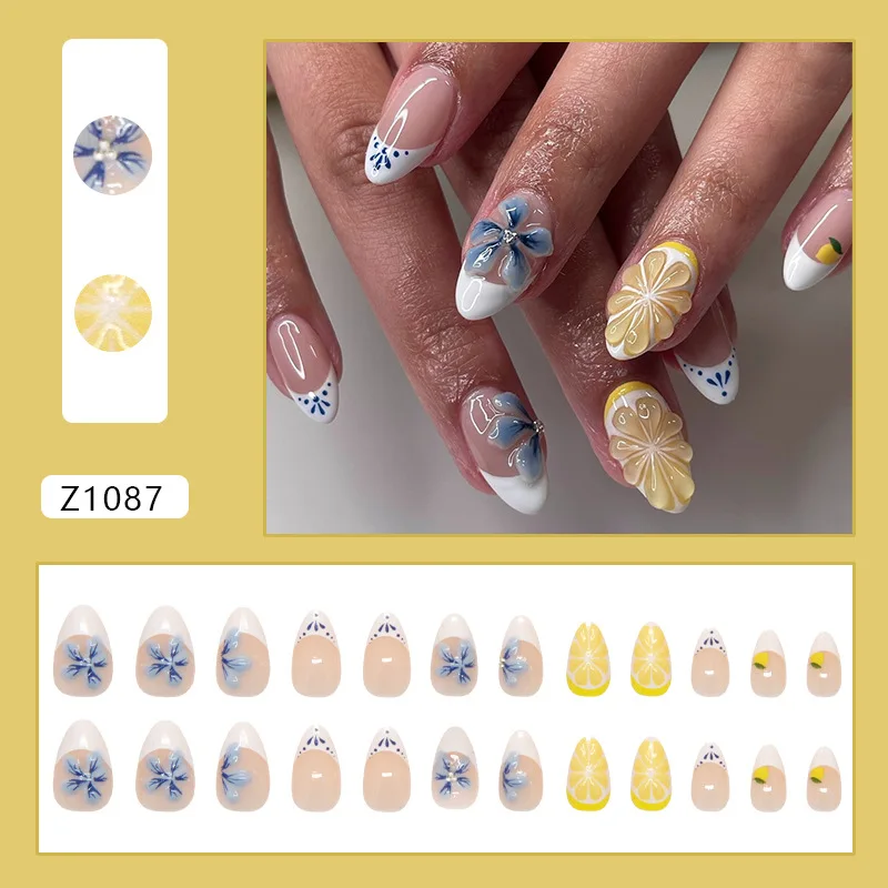 24 Pcs Nail Tips 3d Blue Flower Press on Nails French Short Almonds False Nails with Design Cheap self-adhesive Sticky Nails Set