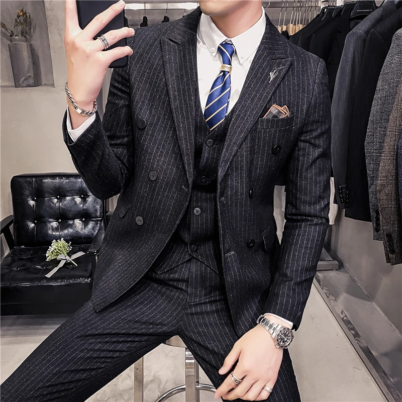 

(Jacket+Vest+Pants) Men High Quality Double-Breasted Suits/Male Slim Fit Business Blazers/Man Cotton Groom's wedding Dress S-3XL