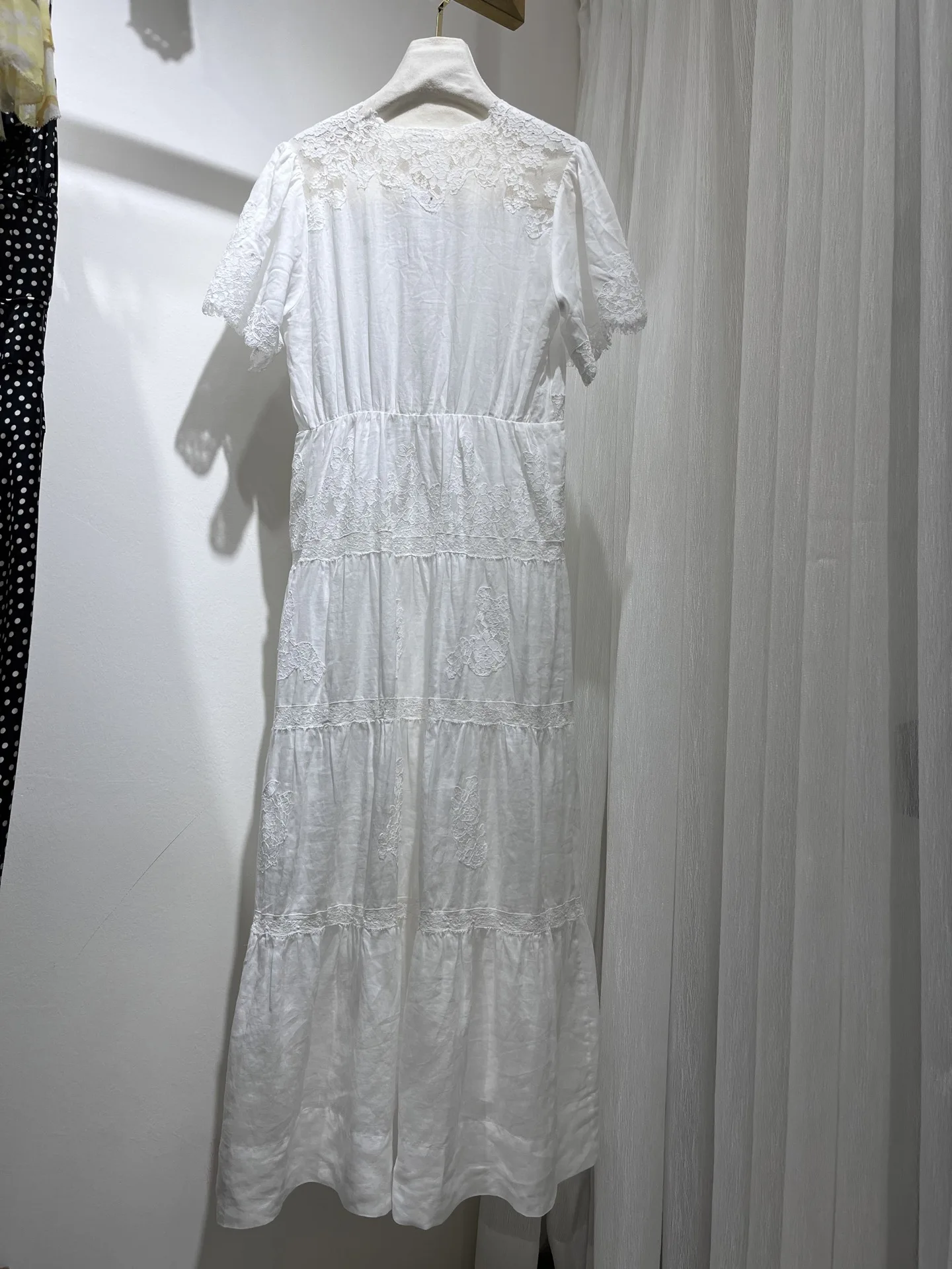 

2025 New Women's White Short Sleeve Lace Patchwork Midi Dress High Quality