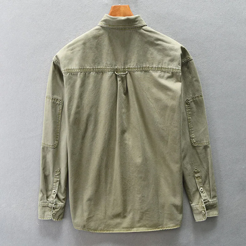 Vintage Cargo Military Shirts Mens Spring Autumn Multiple Pockets Solid Color Cotton Long Sleeve Shirts Casual Loose Coats Male