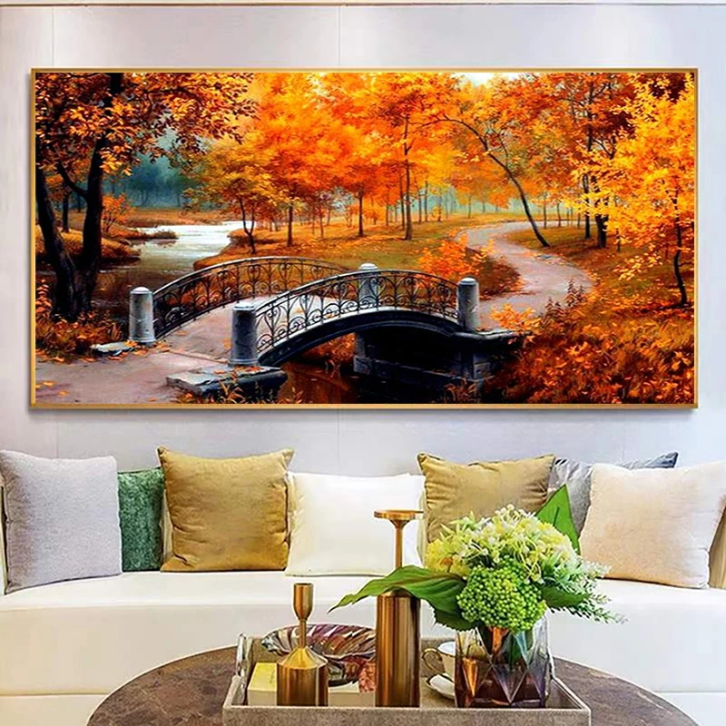 DIY 5D Diamond Painting, Maple Trees, Bridge Scenery, Cross Stitch, Autumn Landscape, Wall Embroidery, Home Decor, Modern Art