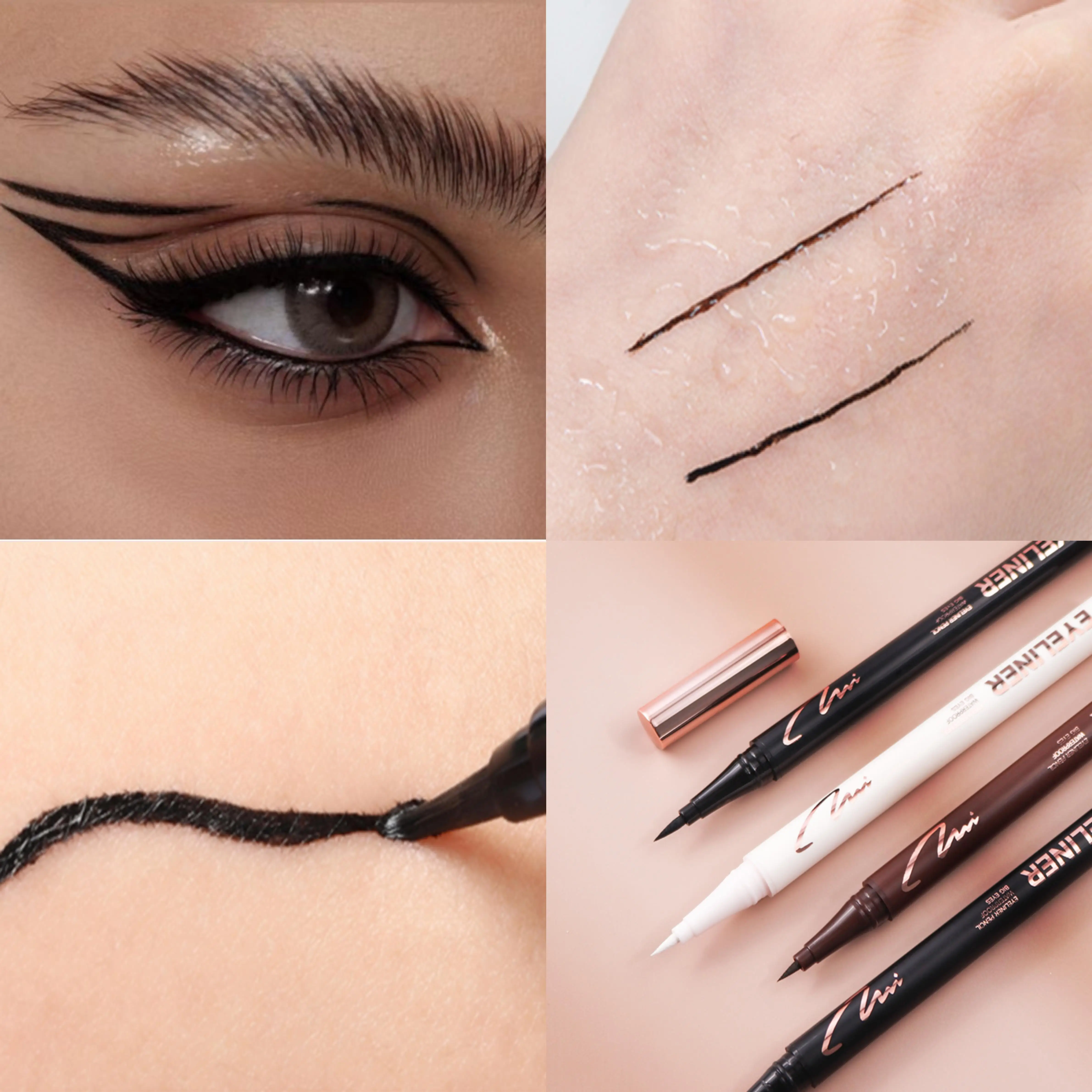 Ultra-Fine Waterproof Tri-Color Eyeliner in Rose Gold Tube - Long-lasting, Smudge-proof, Perfect for Beginners