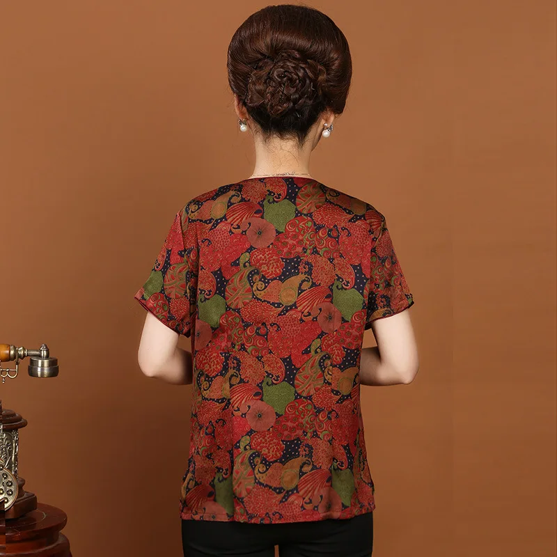 New arrival pure silk short sleeve women shirts,100% gambiered Guangdong silk loose blouse,round collar print clothes for women