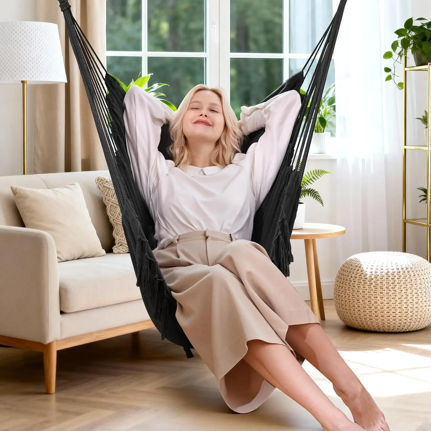 Large hanging chair, pure cotton woven rope, maximum weight capacity 500 lbs, includes 2 backrests, side pockets, dark gray.