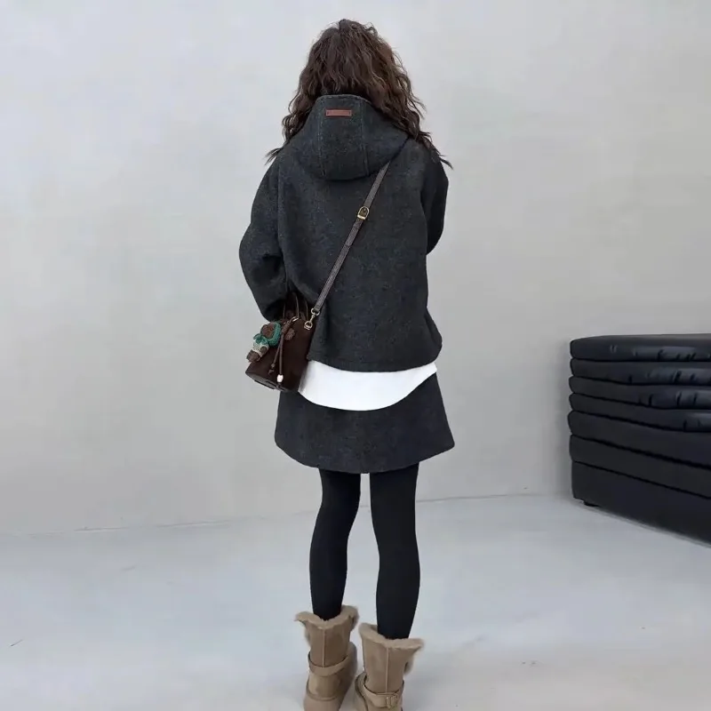 Women Korean Style Winter Wool Blend Two Piece Set Oversized Hoodie Sweatshirt Casual Mini Skirt Fashion Petite Outfit view 5