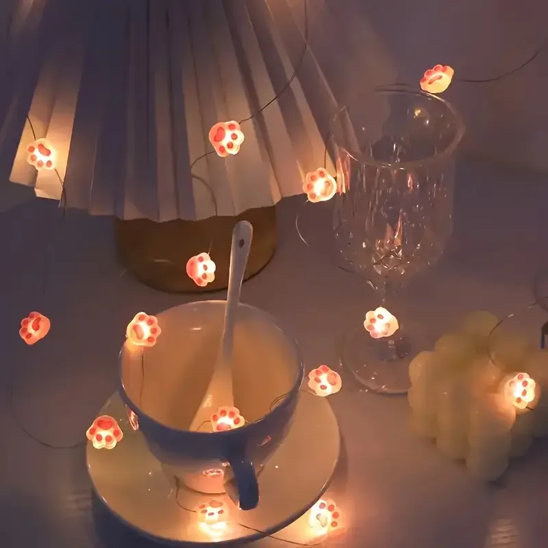1pc 2M 20LED Pink Cute Cat Paw String Light Hanging Decorative Copper Wire Fairy Lamps Battery Powered For Home Bedroom Decor