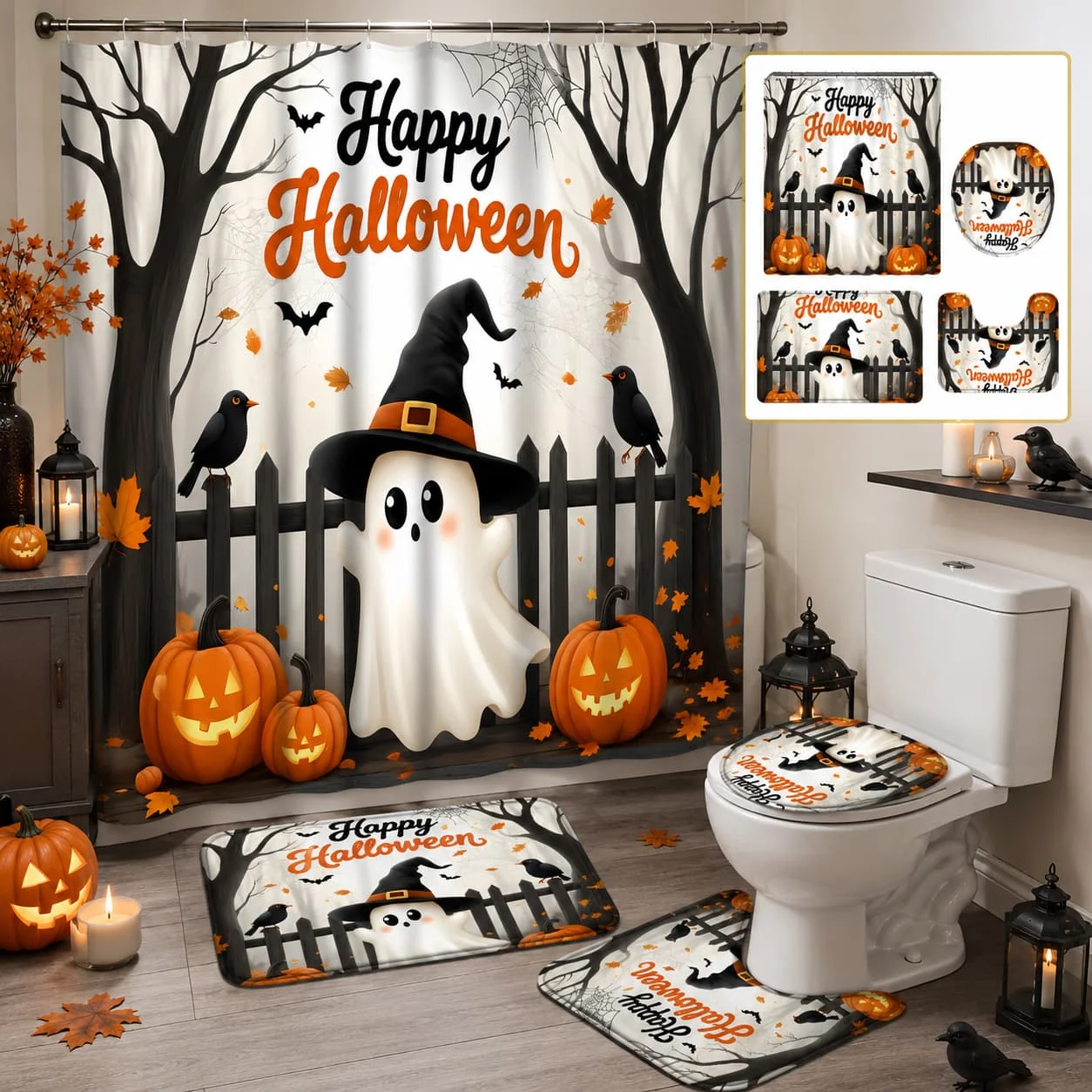 Juego de 4 cortinas de ducha con temática de Halloween, que presenta adorables diseños de fantasmas, incluyendo fantasmas de dibujos animados espeluznantes, murciélagos, calabazas y un cuervo. Esta cortina de ducha de tela viene con una cortinaje y 12 ganchos, perfecta para la decoración del baño y como complemento.
