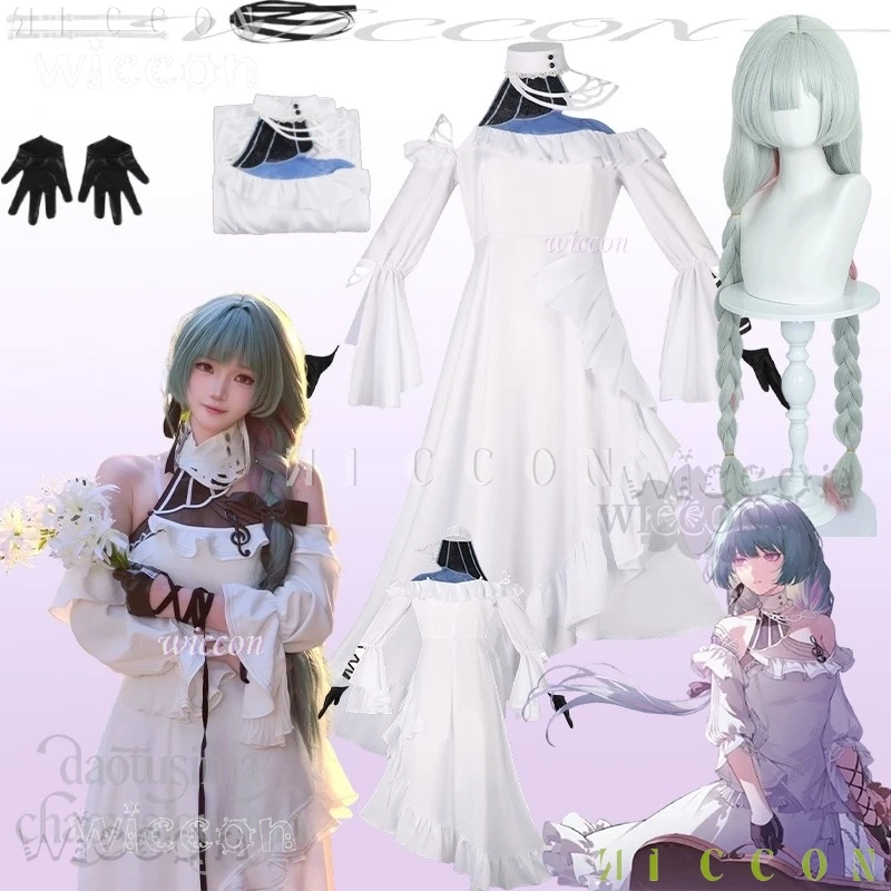 

Adults costume Phrolova Cosplay Anime Costumes White Dress Elegant Black Gloves Lolita Twin Ponytails Christmas Halloween carniv