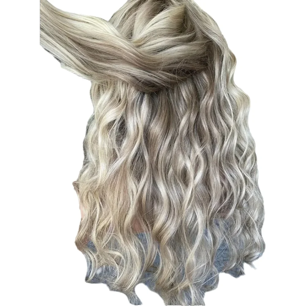 Perruque Lace Frontal Wig synthétique sans colle, reflets blond cendré ombré, partie centrale pour femmes, perruque bouclée à racines foncées, perruque pre-plucked