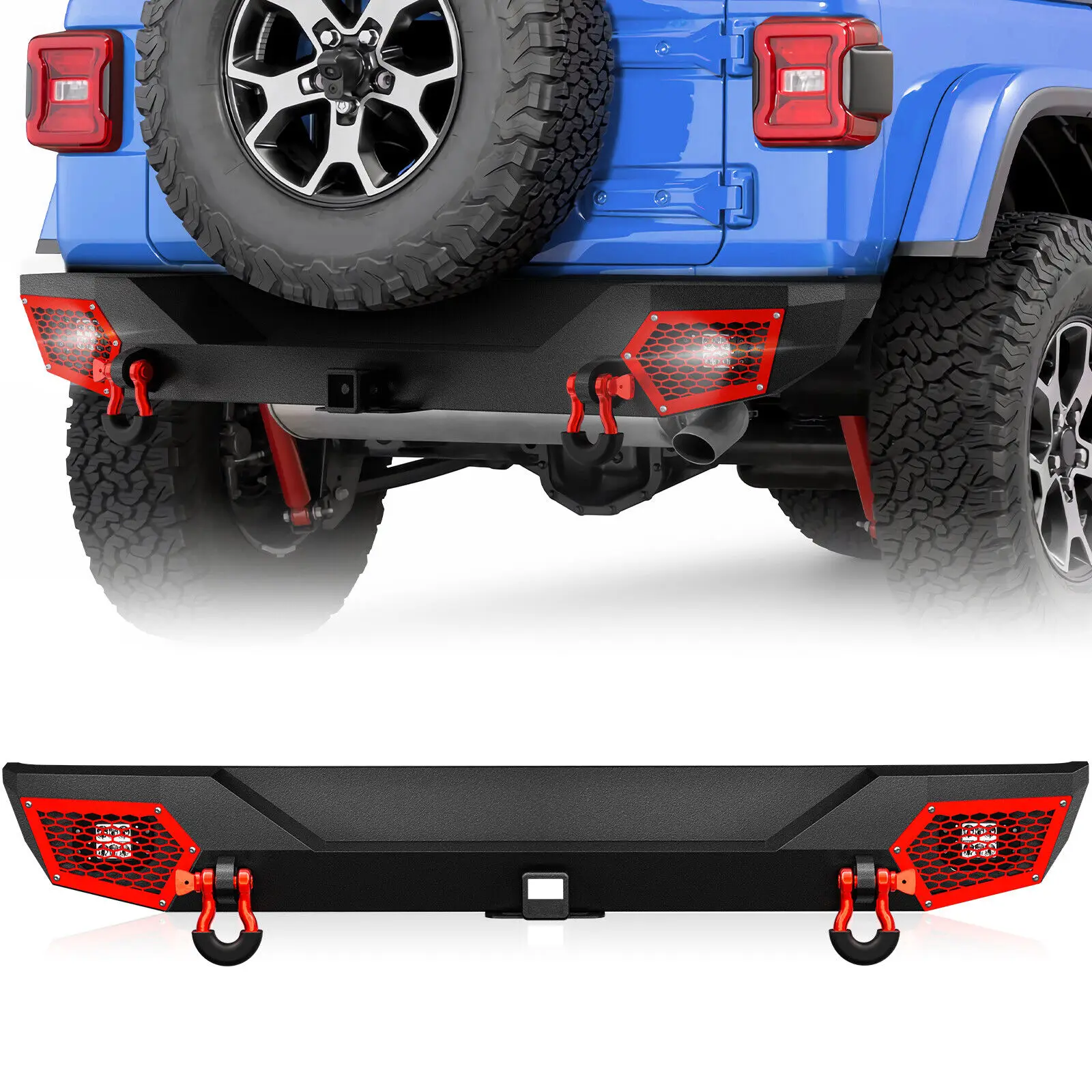 

Rear Bumper W/ 2" Hitch Receiver+ D-Rings+ LED Lights Compatible for 2018-2025 Jeep Wrangler JL JLU Unlimited 2/4 Doors Off-Road