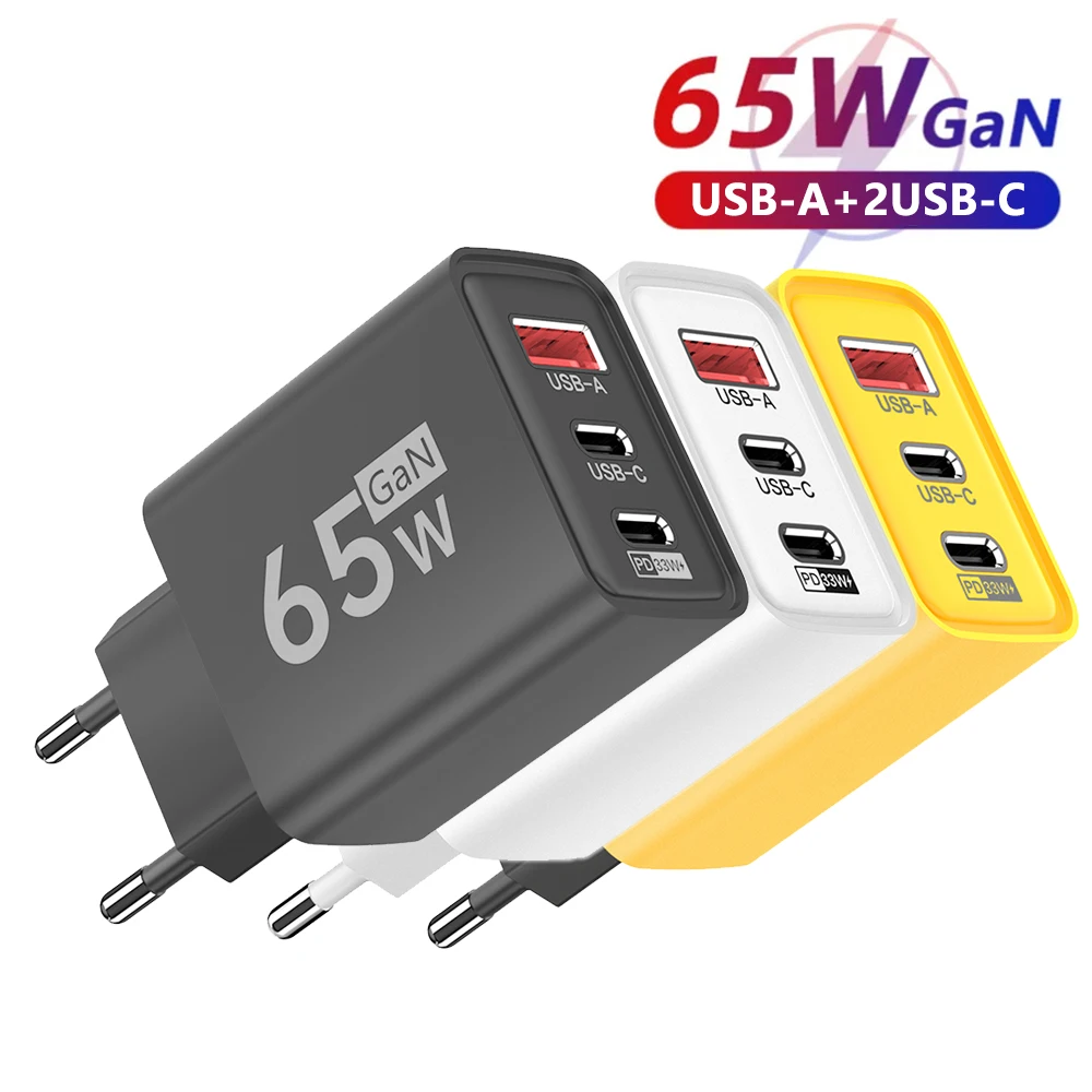 3 Ports USB Total 65W GaN Charger PD 33W Fast Charging Power Adapter Quick Charger 3.0 Type C Travel Power Adapter EU/US/UK Plug