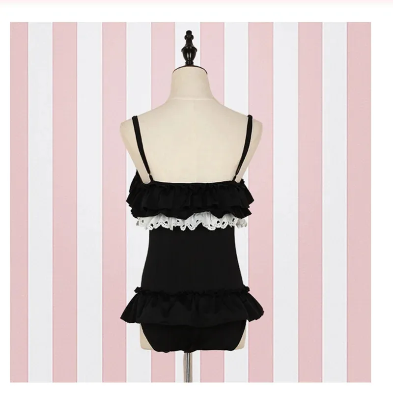 Traje de baño de una pieza para mujer, disfraz de Cosplay de Anime Sexy, traje de baño Kawaii de gato negro y conejo en polvo, Sukumizu japonés Lolita