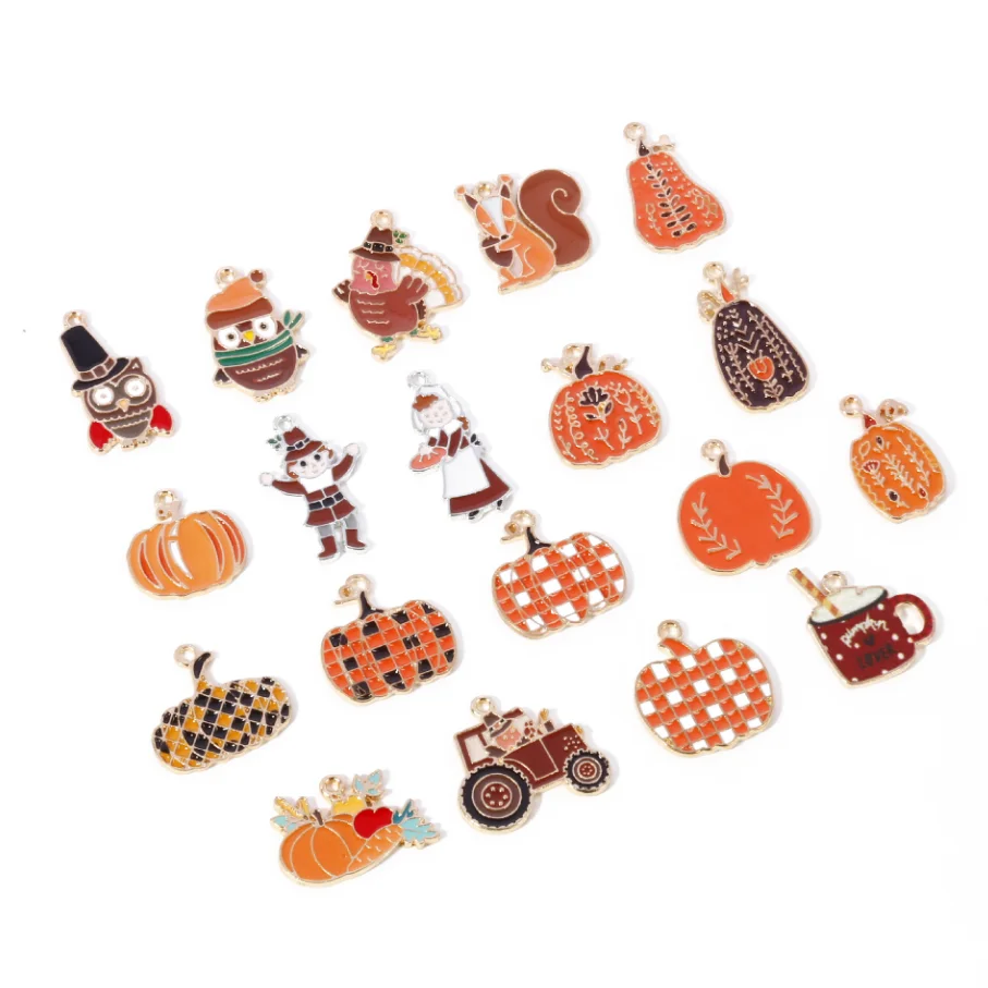 10Pcs/Lot Mixed Thanksgiving Enamel Charms Pumpkin Turkey Squirrel For DIY Necklace Earring Keychain Jewelry Making Pendants