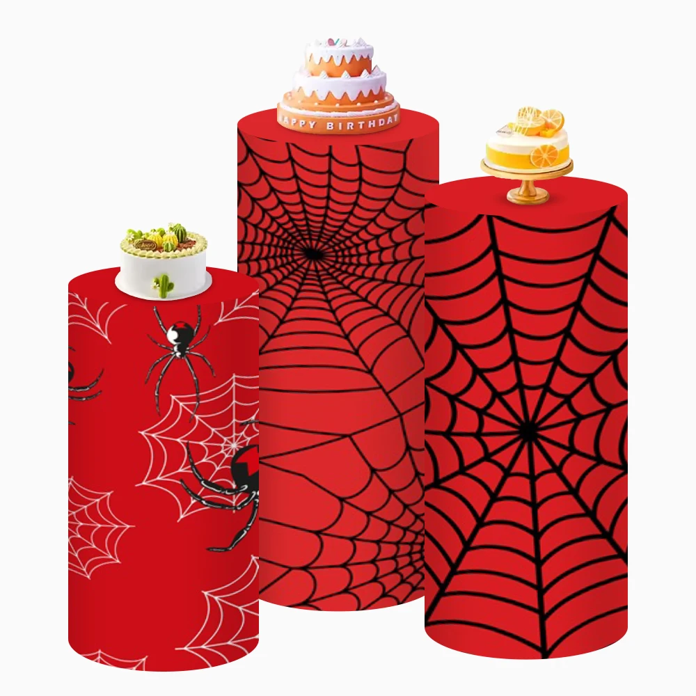 Yeele 3-teilige Spinnennetz-Zylinder-Ständerabdeckung, Hintergrund, Rot, Blau, für Neugeborene, Geburtstag, Hochzeit, Party, Dekoration, elastische Desserttischabdeckungen