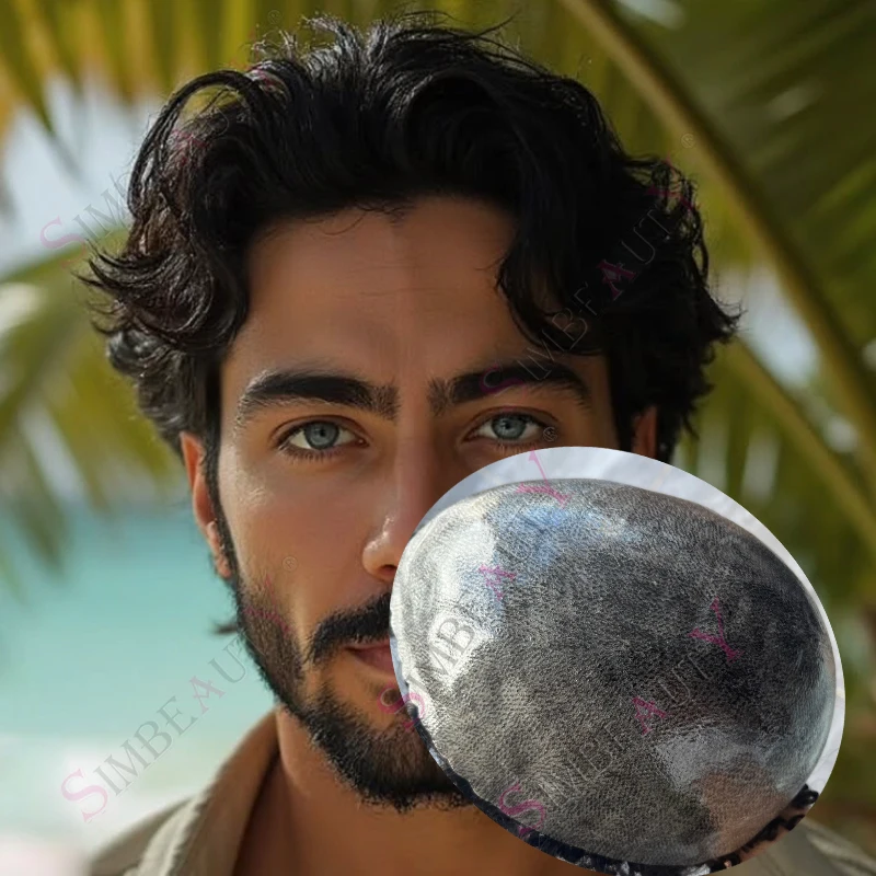 

Jet Black Brown 30mm Wavy Man 6inch Hair Replacement System Super Durable Thin Full MircoSkin PU Grey Men Toupee 100% HumanHair