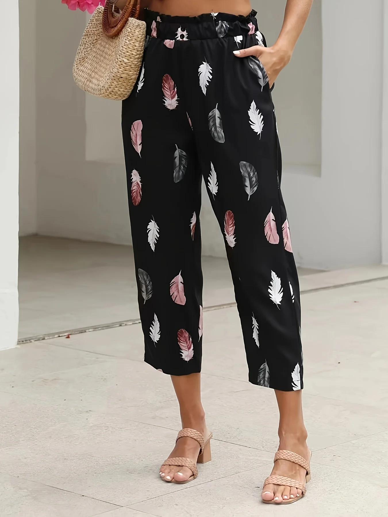 Women\'s Clothing Lady Loose Casual Feather Print Straight Leg Cropped Pants, Casual Elastic Waist Pants For Spring & Summer,
