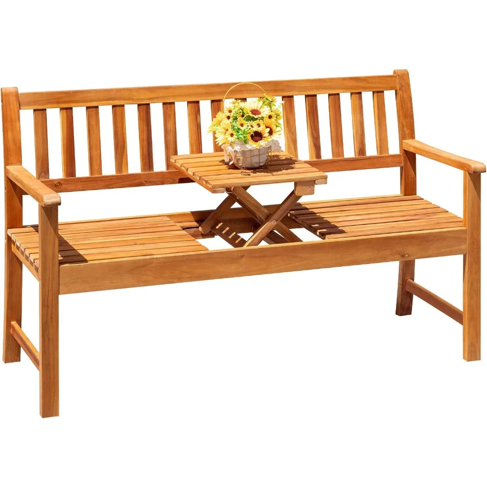 

Outdoor Bench, 2-Person Garden Bench, Patio Wood Bench Outdoor Loveseat with Pull-Out Center Table for Backyard, Balcony