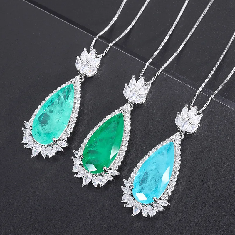 

Fashion Colored Gems Vintage Jewelry Emerald Emerald Necklace European and American Water Drop-Shaped Diamond-Embedded Palaiba P