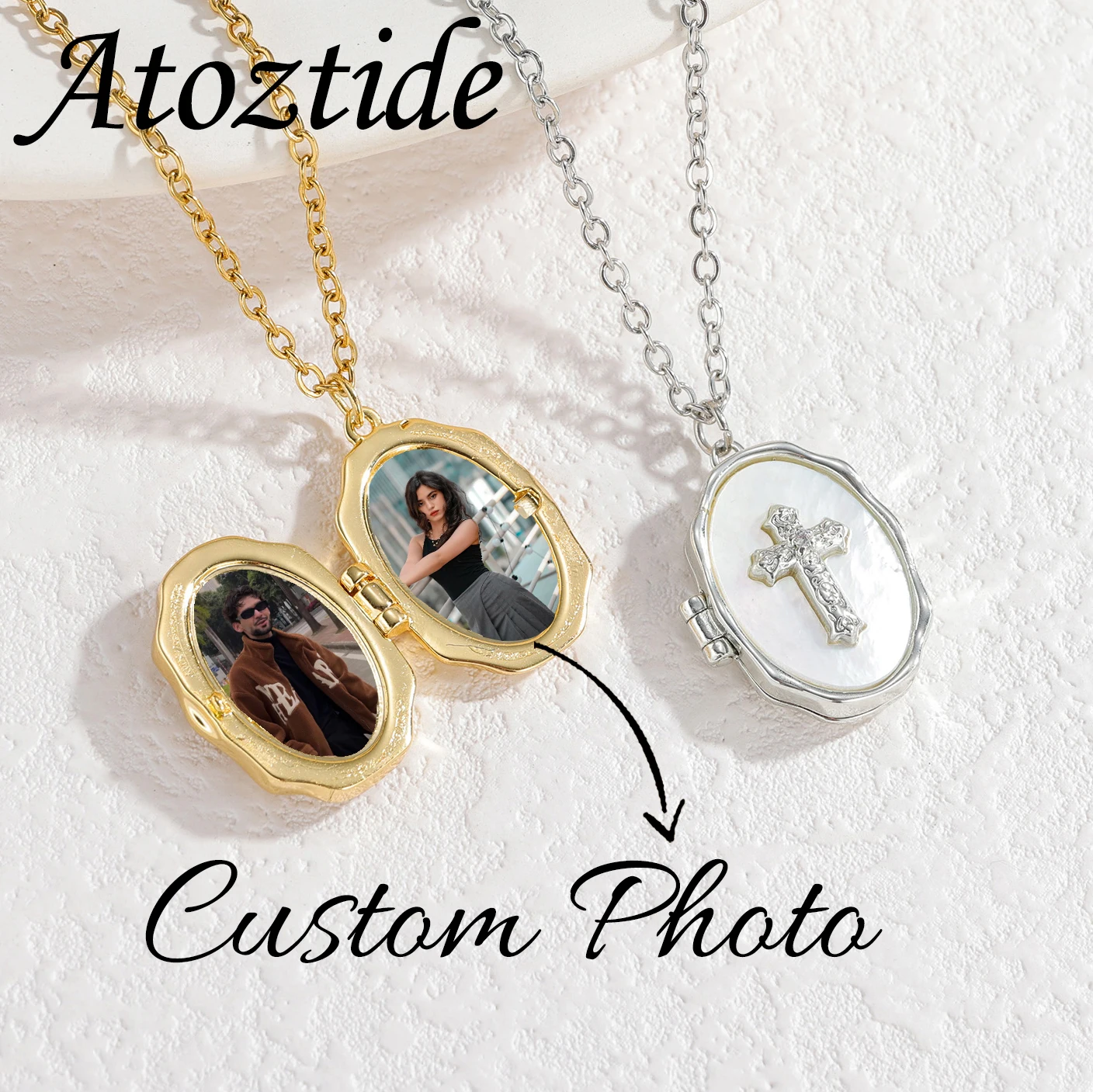 Atoztide Personalized Photo Album Necklace For Women Alloy Copper Cross Butterfly Oval Pendant Picture Locket Anniversary Gift