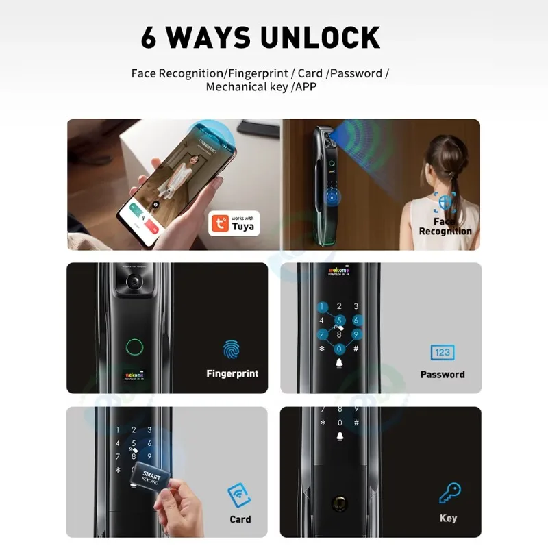 App Smart Door Lock WiFi Video Intercom 3D Face Fingerprint Recognition Home Apartment Security Automatic Lock