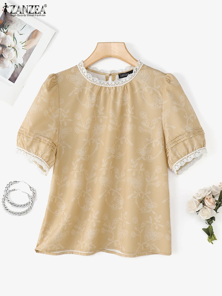 

Fashion Short Sleeve Blouse Women Casual Loose Lace Patchwork Tops 2025 Summer Printed Pullover Oversized O-Neck Blusas S-3XL