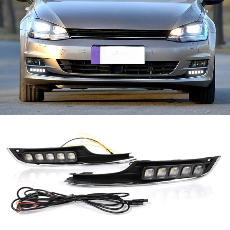 

Для Volkswagen Golf 7 2014 2015 2016 2017 Автомобильные светодиодные дневные ходовые огни Передние противотуманные фары Желтый динамический указатель поворота DRL Ночной синий