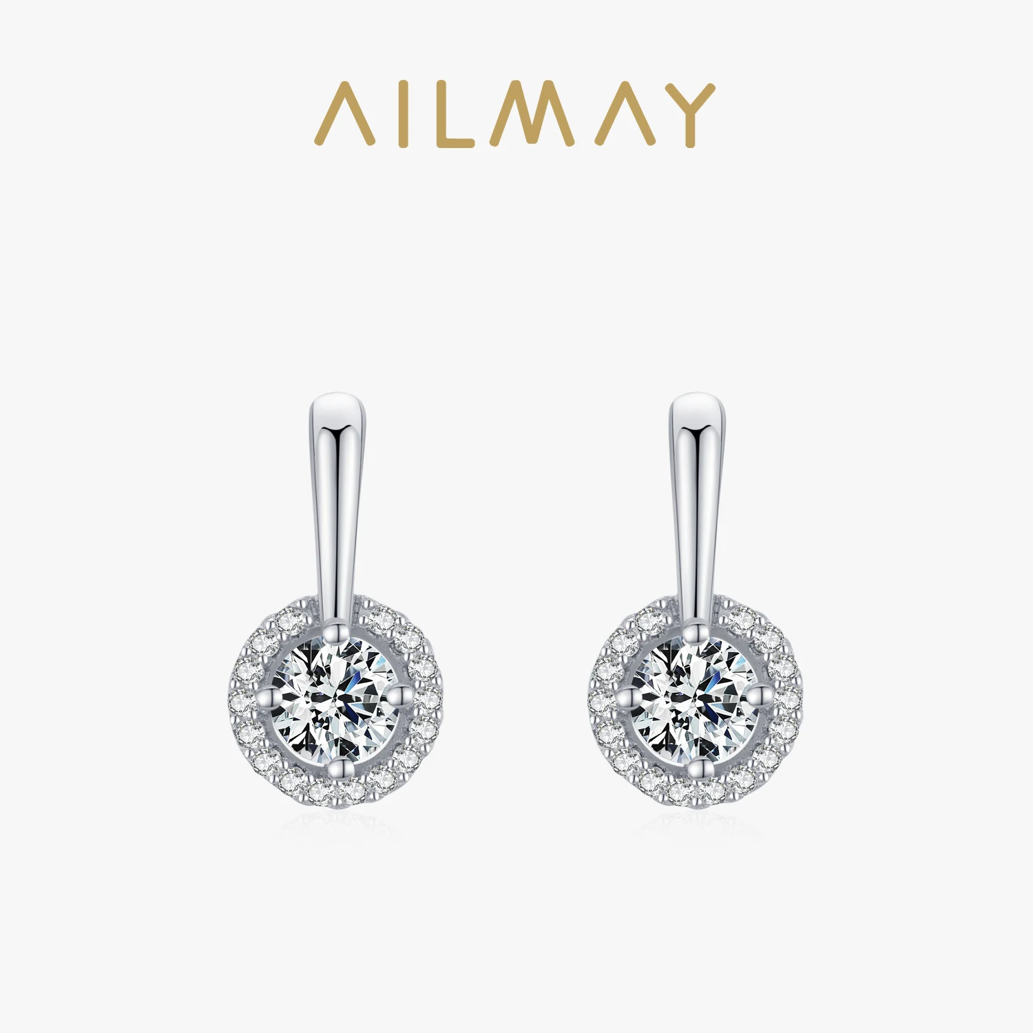 Ailmay Fashion 925 Sterling Silver Round Stud Earrings Luxury Sparkling CZ Earrings For Women Classic Wedding Engagement Jewelry